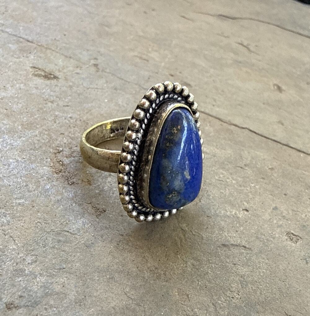 Vintage 925 Sterling Silver Teardrop Lapis Lazuli Ring Beaded Boho Halo Sz 6.25